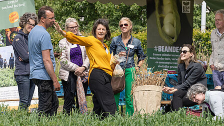 Deelnemers netwerkbijeenkomst Ontdek en Ontmoet Regio Foodvalley bezoeken het lupineveld in de Wageningse Eng. Ze krijgen uitleg over het gouden boontje: lupine.